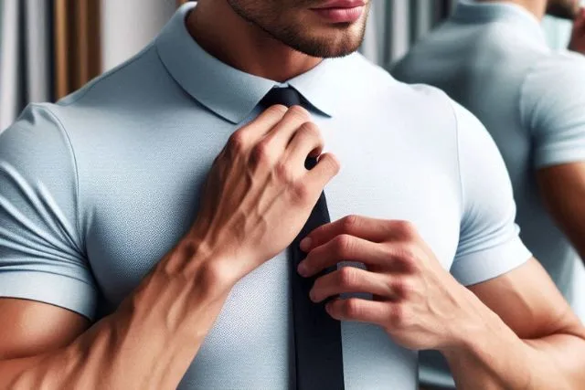 wearing a tie with a polo shirt