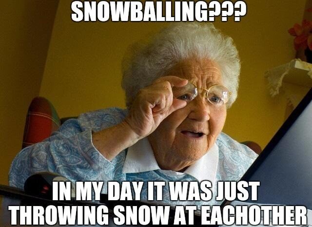 An older woman at a laptop, playfully commenting on snowball fights, saying, "In my day, we just threw snow at each other."