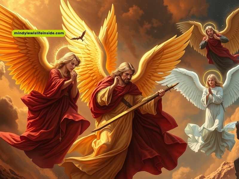 Three angels with outstretched wings soar gracefully through the air, embodying a sense of divine power and presence.