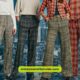A group of four people wearing coordinated plaid outfits, highlighting the current style trend of plaid pants.