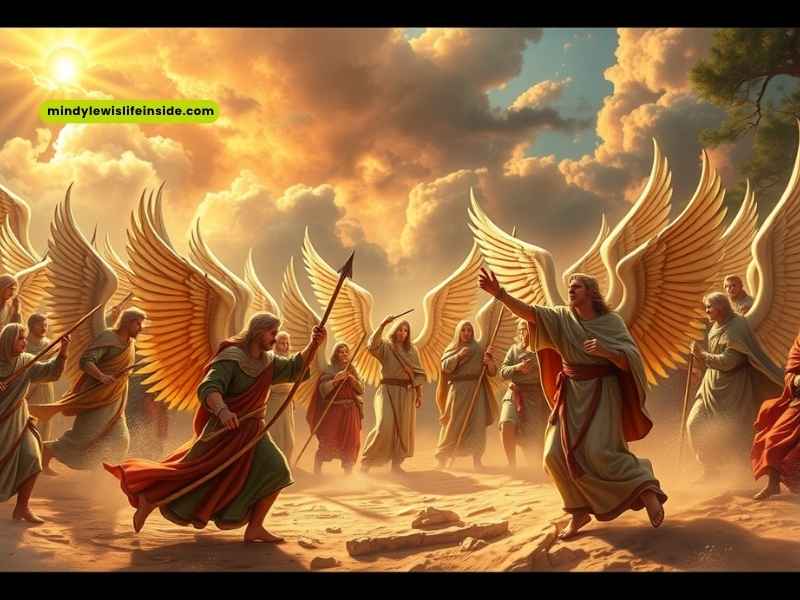 A group of angels, associated with Jesus, stands in the desert, illustrating a powerful biblical scene of divine intervention.