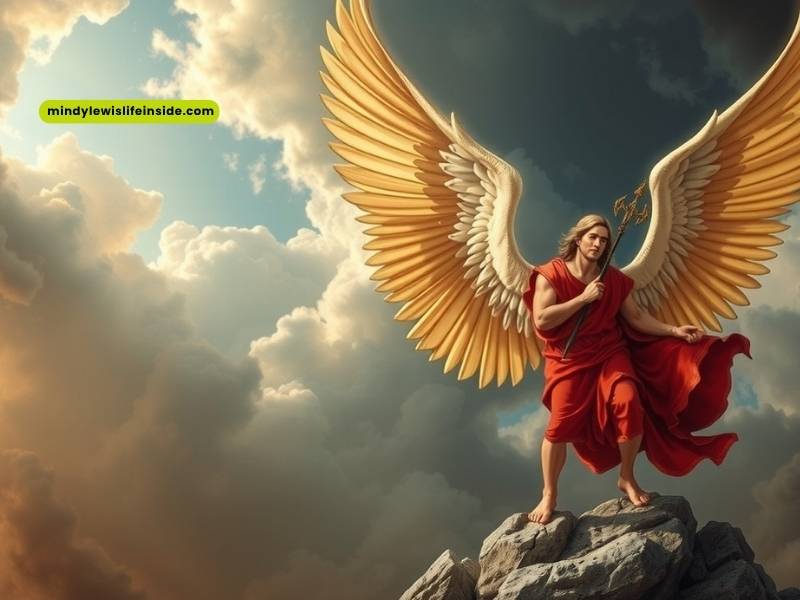 A biblical angel with expansive wings stands atop a rock, representing celestial power and spiritual significance.