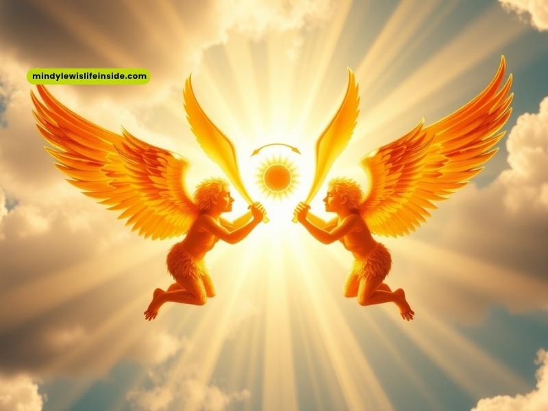 Two angels struggle for control over a radiant sun, symbolizing a celestial conflict in a biblical context.