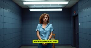 A woman stands in a jail cell, with the phrase "the girl on the train" displayed prominently above her.