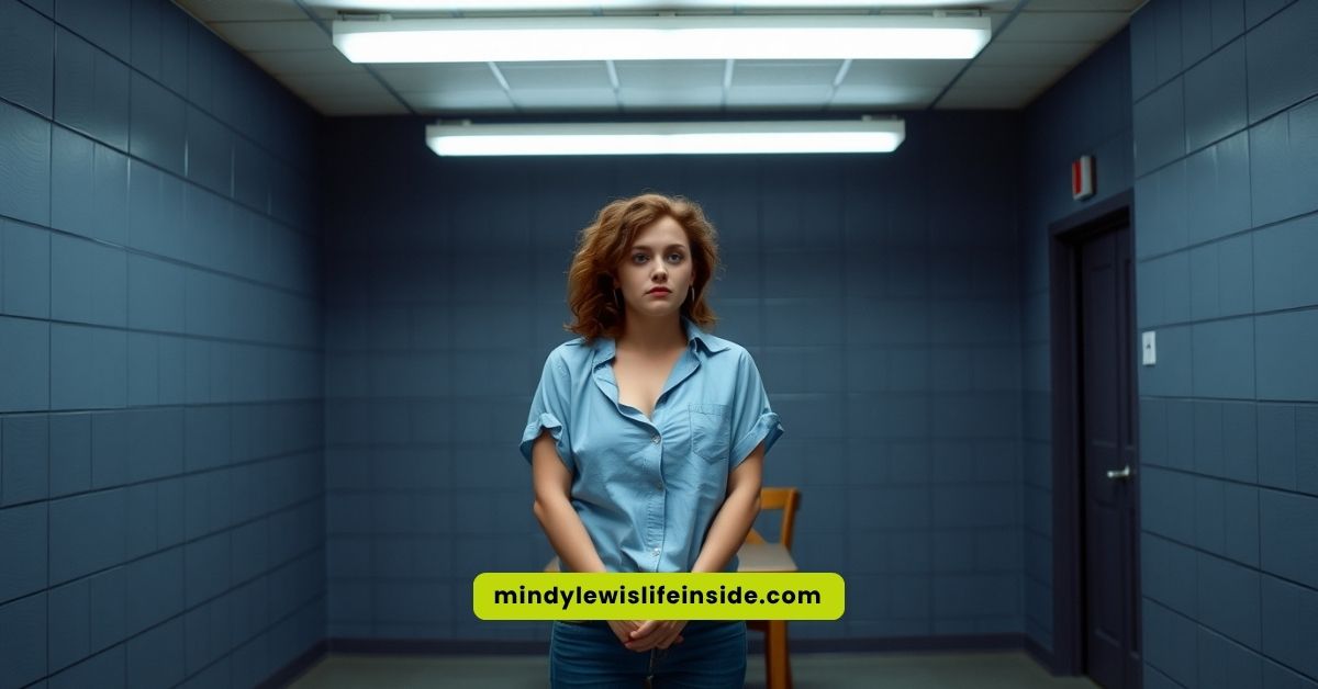 A woman stands in a jail cell, with the phrase "the girl on the train" displayed prominently above her.