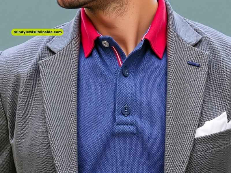 A man dressed in a blue shirt and red tie, showcasing a stylish combination for a polished appearance with a blazer.