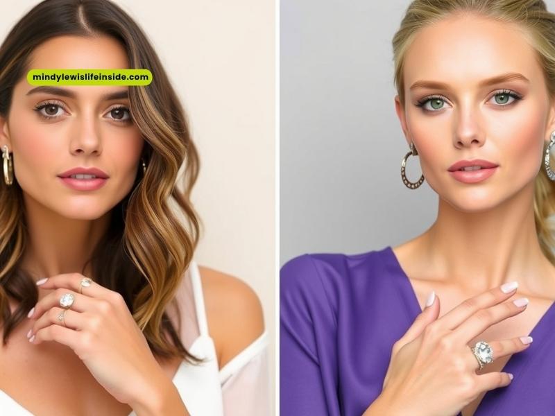 Two images of a woman showcasing a ring on her hand, contemplating whether to wear gold or silver jewelry today.