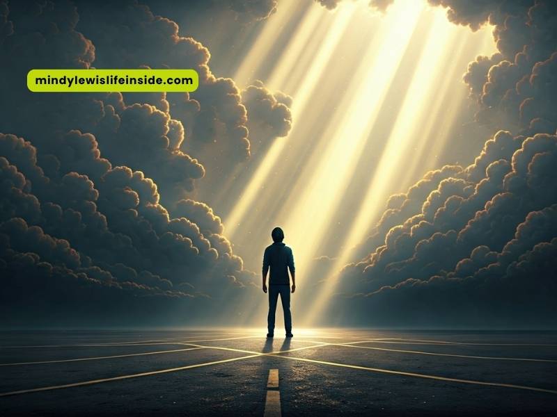 A man stands in the middle of the road, sunlight breaking through clouds, symbolizing signs of divine intervention.