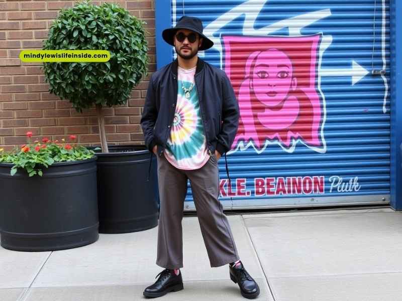 A man wearing a tie-dye shirt and hat stands confidently in front of a colorful wall, showcasing a hipster outfit.