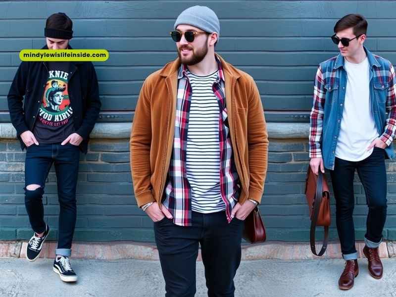 Three men with distinct clothing styles, one featuring a hipster outfit, standing together outdoors.