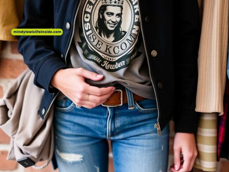 A woman dressed in a hipster style, featuring jeans and a t-shirt, showcases a relaxed and trendy look.