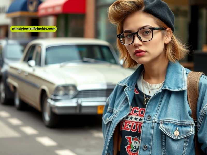 A woman in glasses and a denim jacket, showcasing a trendy hipster outfit.