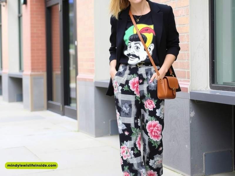 A woman dressed in floral pants and a t-shirt, representing a stylish hipster outfit to impress.