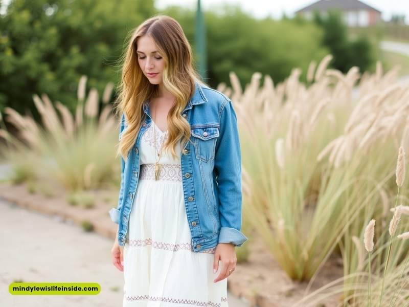A woman wearing a white dress and denim jacket, showcasing a stylish hipster outfit.