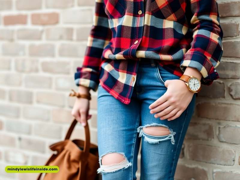 A woman dressed in ripped jeans and a plaid shirt, representing a stylish hipster look.