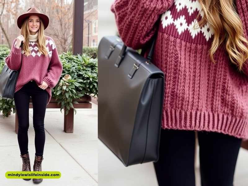 A woman wearing a cozy sweater and hat holds a bag, exemplifying a fashionable hipster look.
