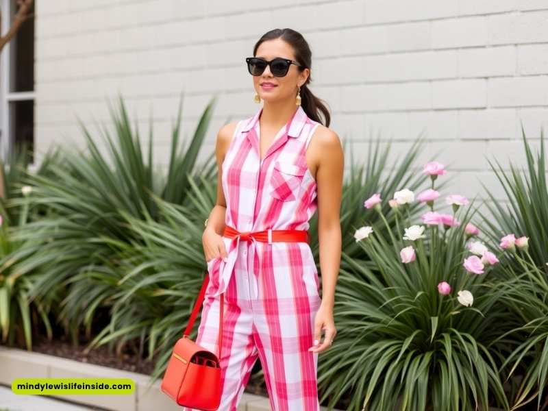 A woman models a stylish red and pink checkered jumpsuit, perfect for a hipster fashion statement.