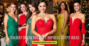 A collage of stylish holiday outfits showcasing dress ideas for impressing during the festive season.