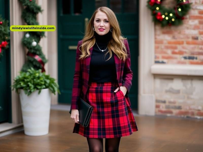 A woman wearing a red plaid skirt and a black turtleneck, showcasing a stylish holiday outfit idea.