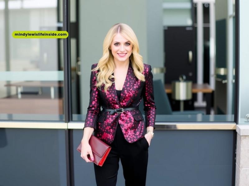 A woman dressed in black pants and a red jacket, presenting a chic outfit option for holiday gatherings.