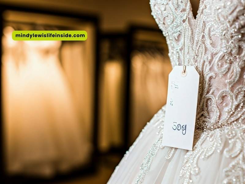A Vivienne Westwood wedding dress elegantly displayed on a rack in a boutique store.