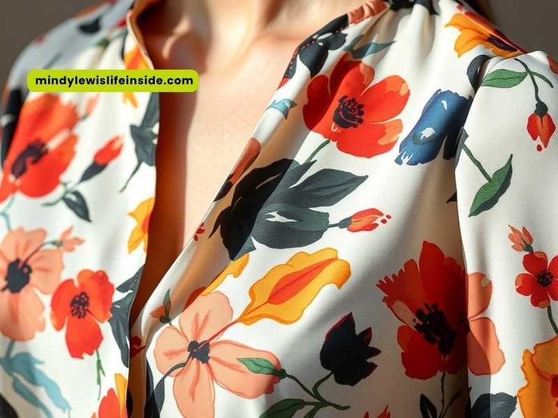 A woman models a floral print shirt, showcasing stylish options for wearing floral blouses