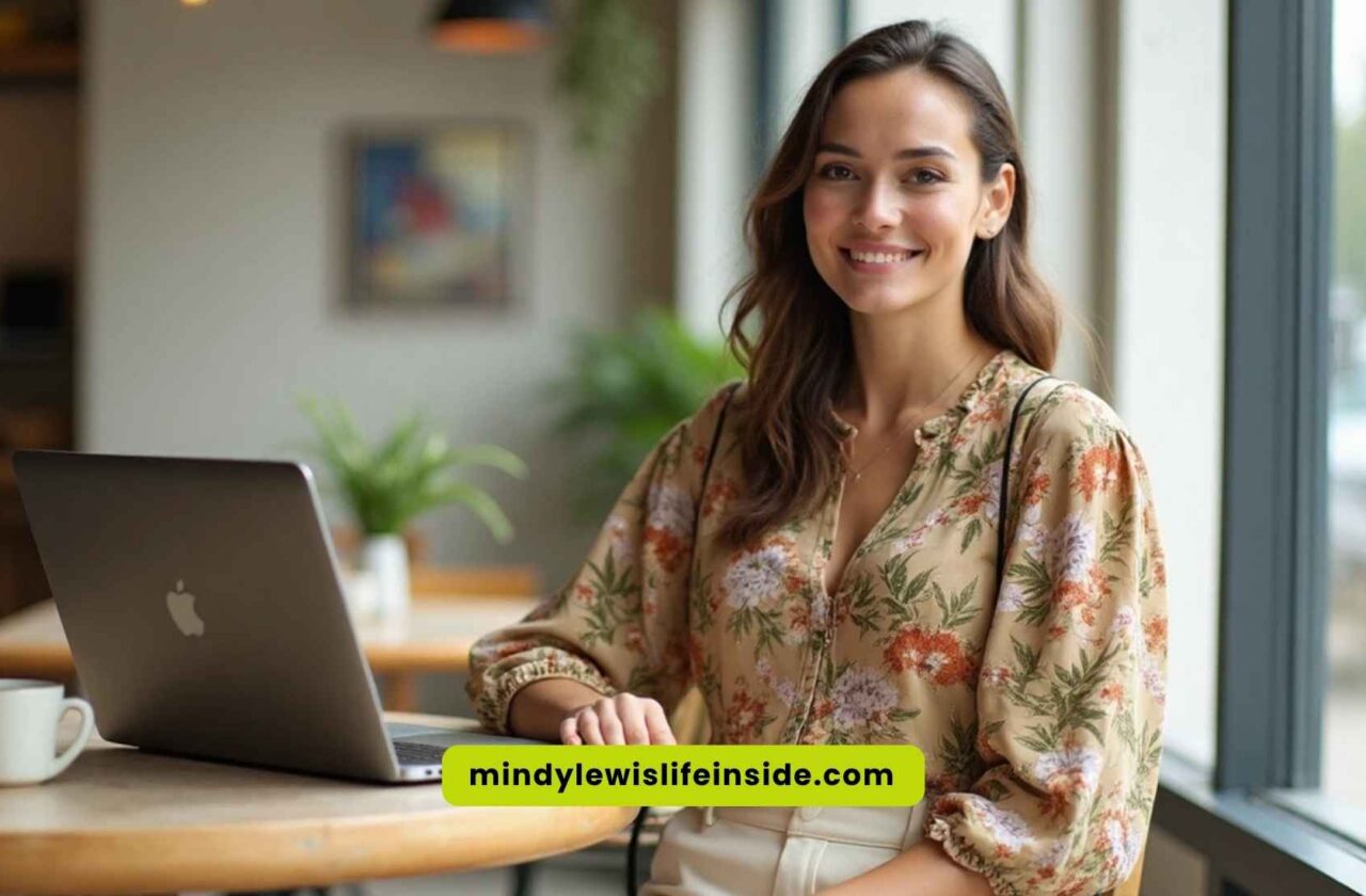 A woman sitting at a table with her laptop, focused on styling floral blouses for a fashion guide.