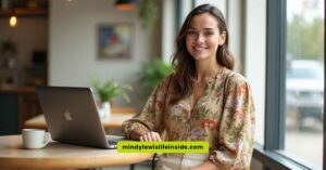 A woman sitting at a table with her laptop, focused on styling floral blouses for a fashion guide.