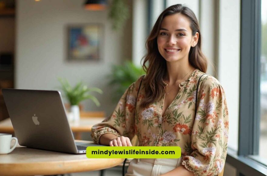 A woman sitting at a table with her laptop, focused on styling floral blouses for a fashion guide.