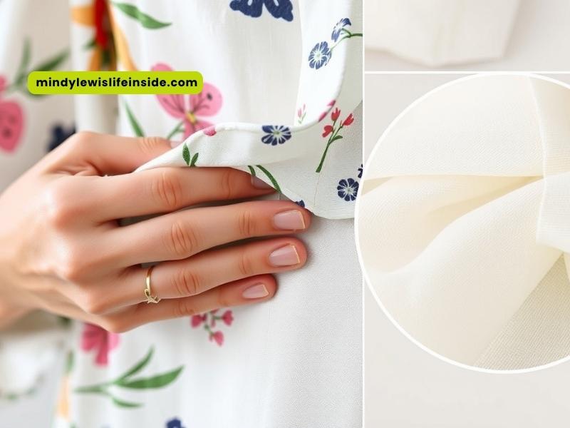 A close-up of a woman's hand holding a colorful floral blouse, illustrating a trendy styling choice for floral patterns.