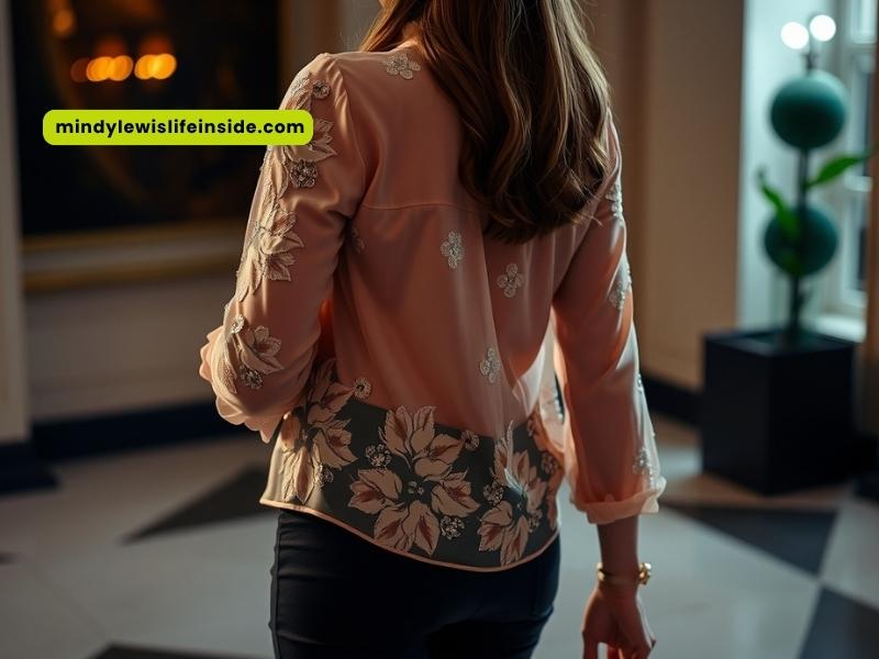 A woman wearing a pink blouse and black pants, showcasing a stylish look for floral blouse inspiration.