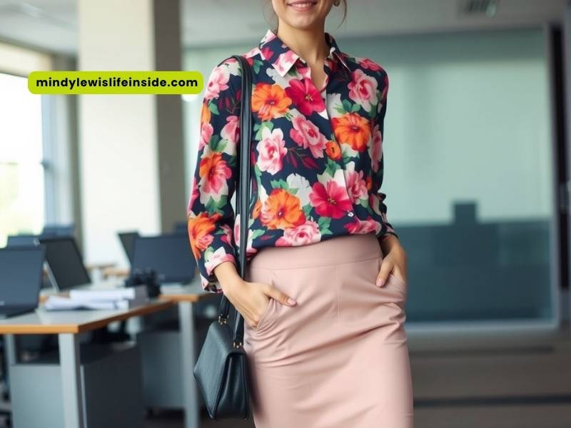 A woman wearing a floral blouse and skirt, showcasing a stylish outfit for a floral blouse styling guide.