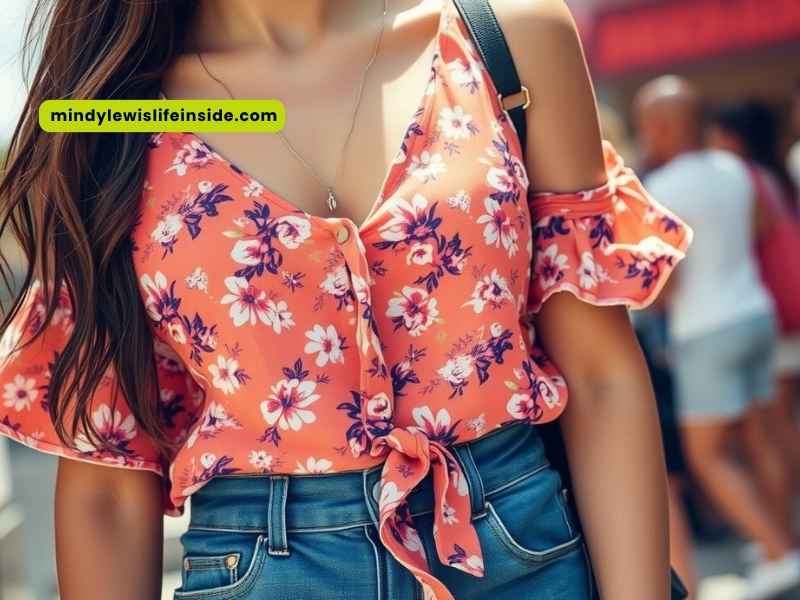 A woman wearing a floral top paired with jeans, exemplifying a trendy and casual fashion choice.