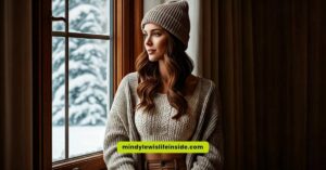 A woman wearing a sweater and hat looks out the window, reflecting on stylish ways to wear crop tops in winter.