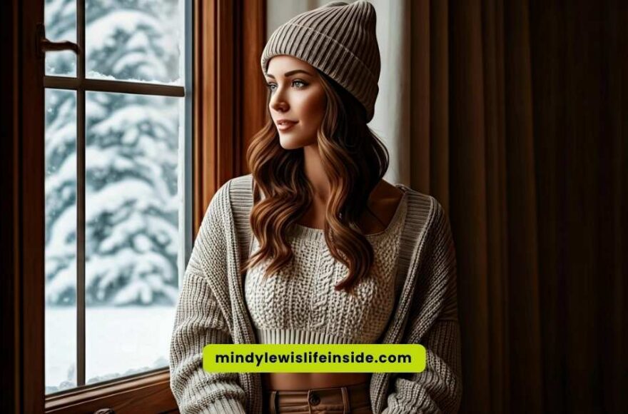 A woman wearing a sweater and hat looks out the window, reflecting on stylish ways to wear crop tops in winter.