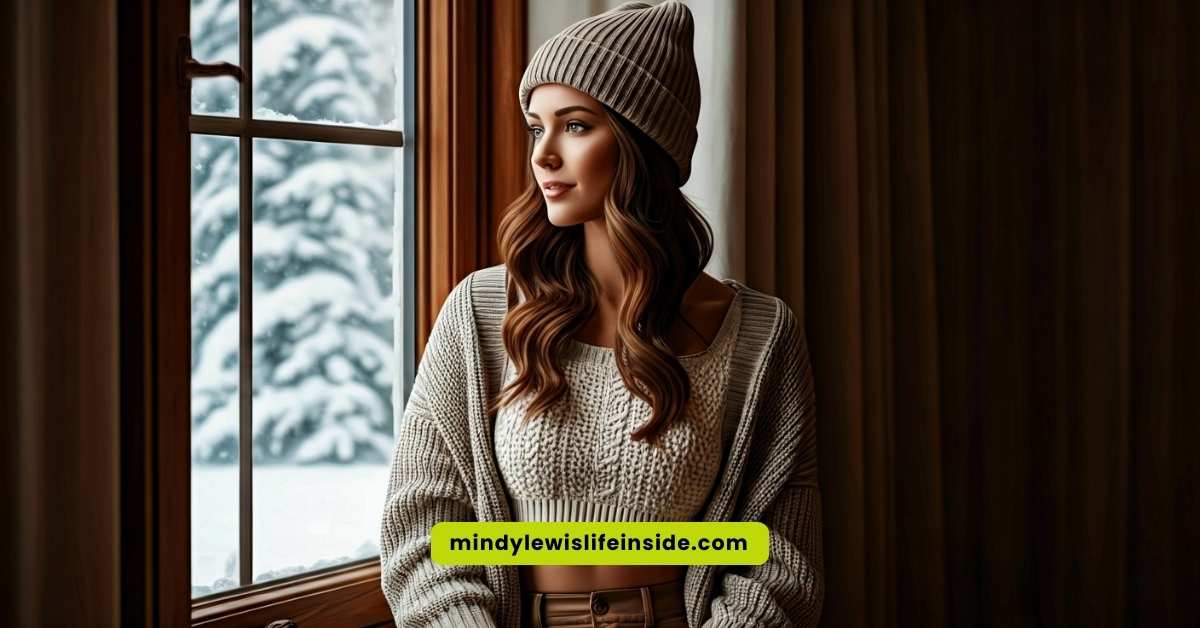 A woman wearing a sweater and hat looks out the window, reflecting on stylish ways to wear crop tops in winter.