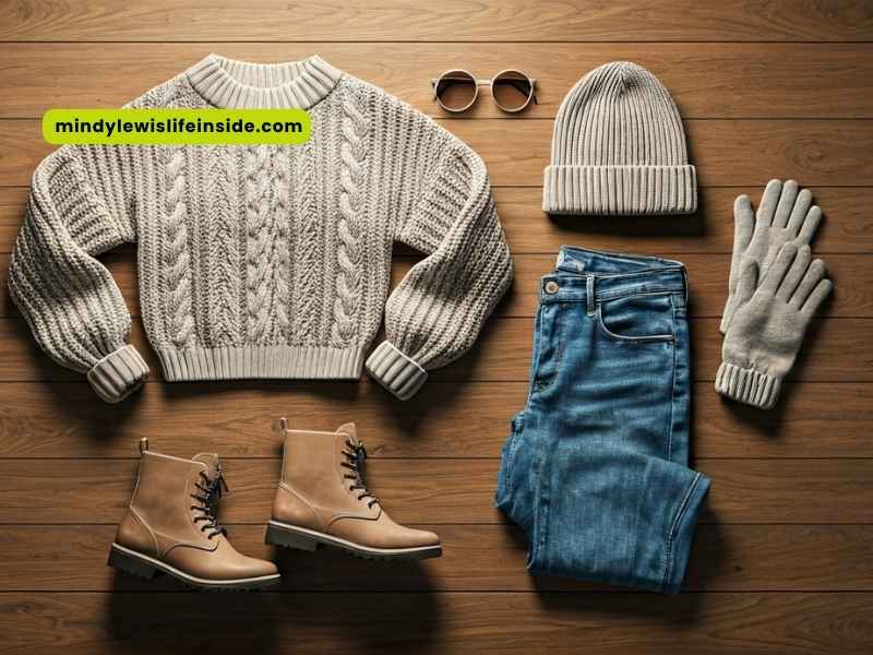 A cozy winter ensemble of a sweater, jeans, boots, and gloves arranged on a wooden floor, showcasing seasonal fashion.