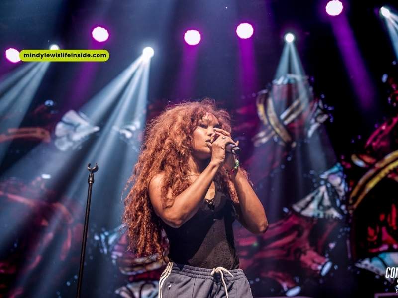 A woman with striking red hair performing on stage, her voice resonating through the audience.