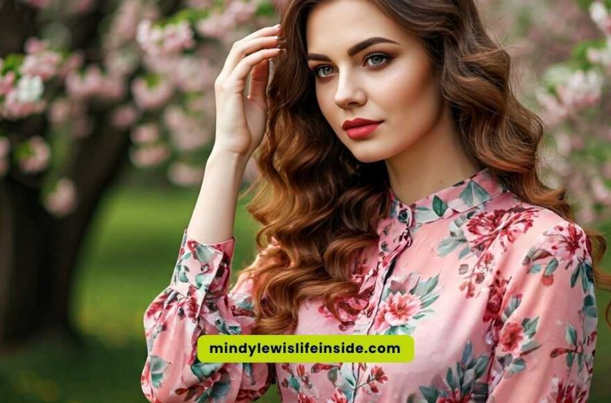 Elegant woman wearing a pink floral dress, adorned with flowers, highlighting a chic and fashionable look.