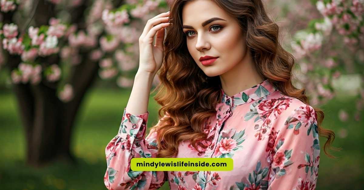 Elegant woman wearing a pink floral dress, adorned with flowers, highlighting a chic and fashionable look.