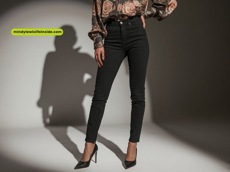 A woman dressed in black pants and a pink floral blouse poses, highlighting her fashionable ensemble.