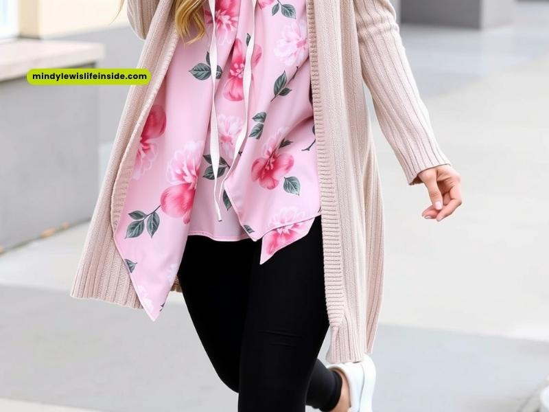 A woman dressed in a pink floral shirt and a long cardigan, exemplifying a chic and comfortable outfit choice.