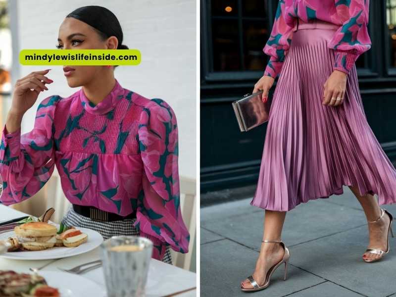 A woman models a pink floral blouse and purple attire in two images, highlighting her fashionable look.