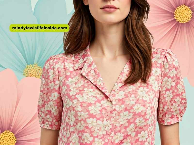 A woman dressed in a pink floral shirt and pink pants, presenting a vibrant and fashionable ensemble.