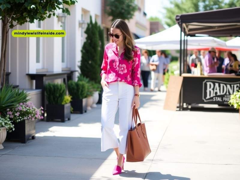 A woman wearing white pants and a pink floral blouse strolls along the street, highlighting her fashionable attire.