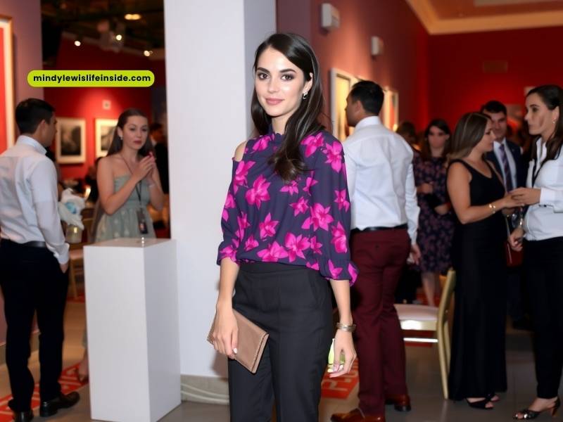 A woman wearing a pink floral blouse and black pants stands at an art exhibit, admiring the displayed artwork.