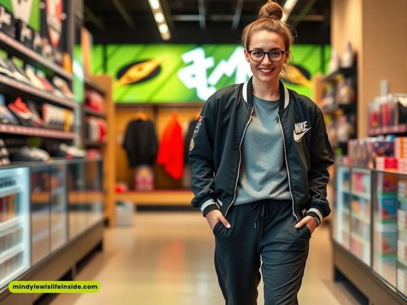 A woman in glasses confidently walks through a store, embodying the 'Retail Worker Dress to Impress' theme.