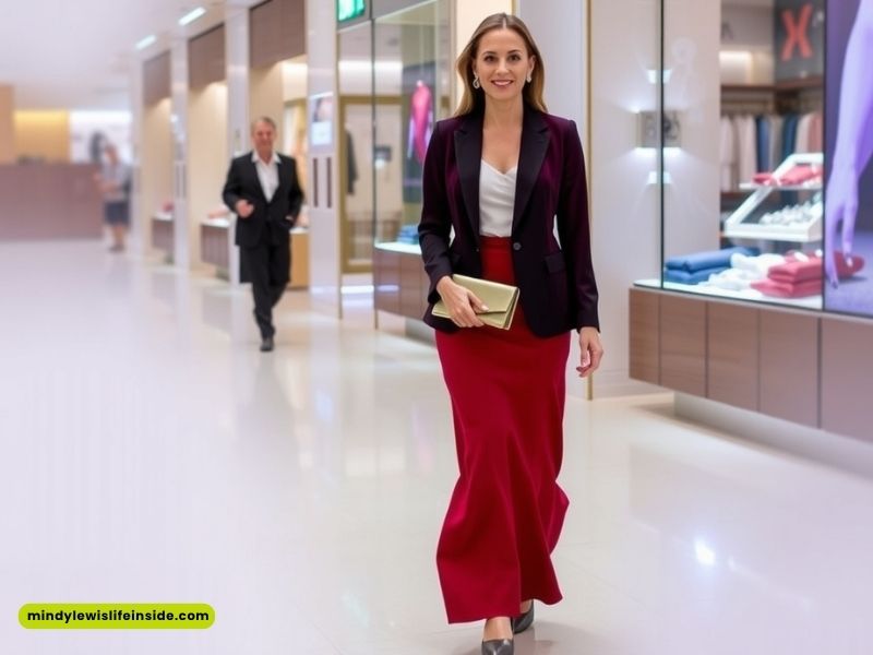 A woman in a red skirt and blazer confidently walks through a mall, embodying a stylish retail worker's professional attire.