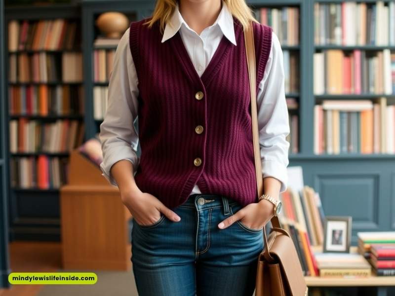A woman in a purple vest and jeans, showcasing a stylish retail worker outfit for a "Dress to Impress" theme.