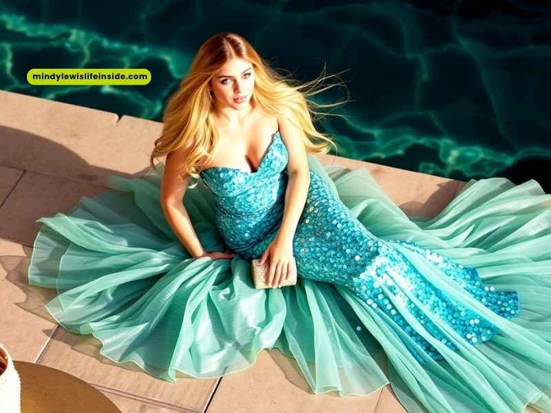 A beautiful blonde woman models a stunning mermaid dress, showcasing elegant style for a sea-themed outfit idea.